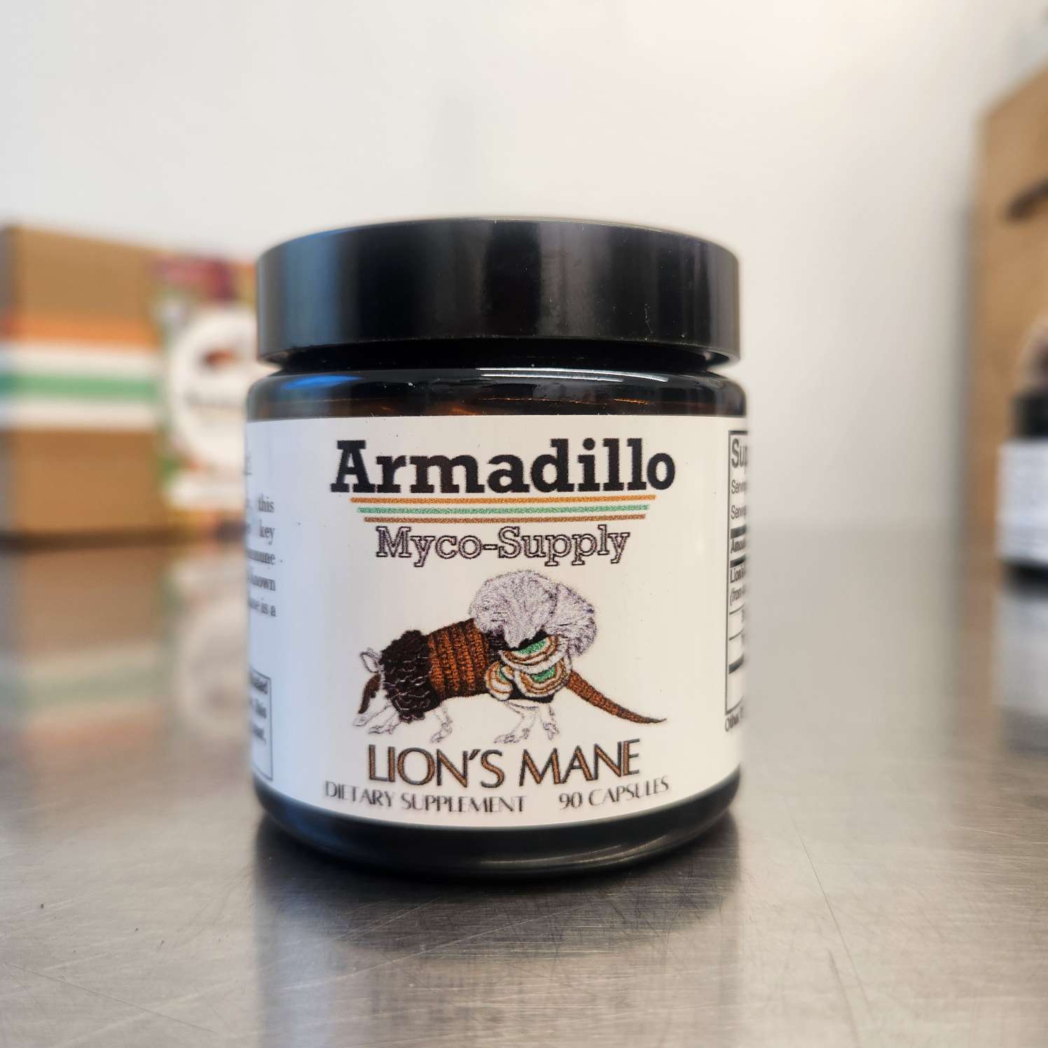 Bottle of Armadillo Myco Supply Lion’s Mane Mushroom Extract supplement showing the logo and label with the text ‘Lion’s Mane’ on the front.