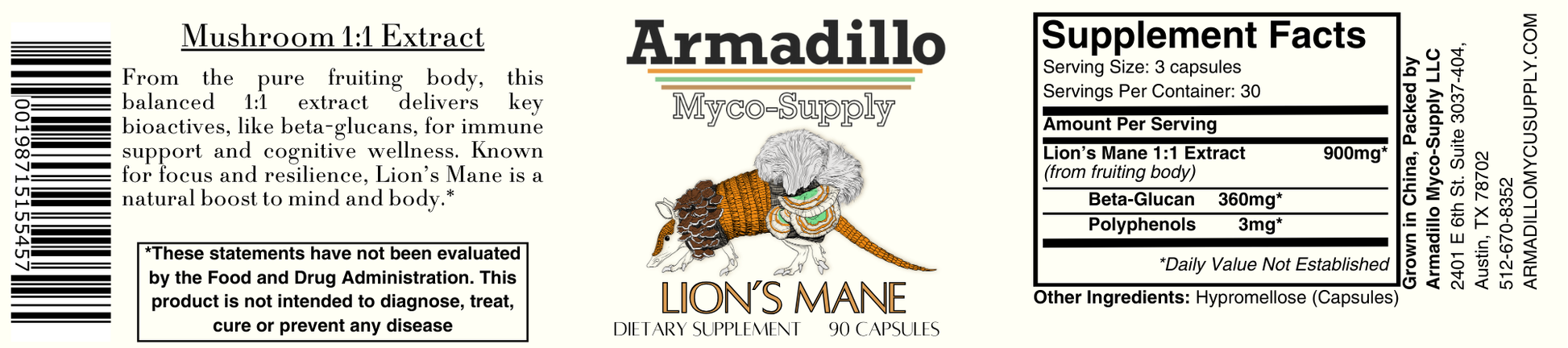 Full label of Armadillo Myco Supply Lion’s Mane Mushroom Extract, including the front logo, product name, supplement facts, description of benefits, and usage instructions.